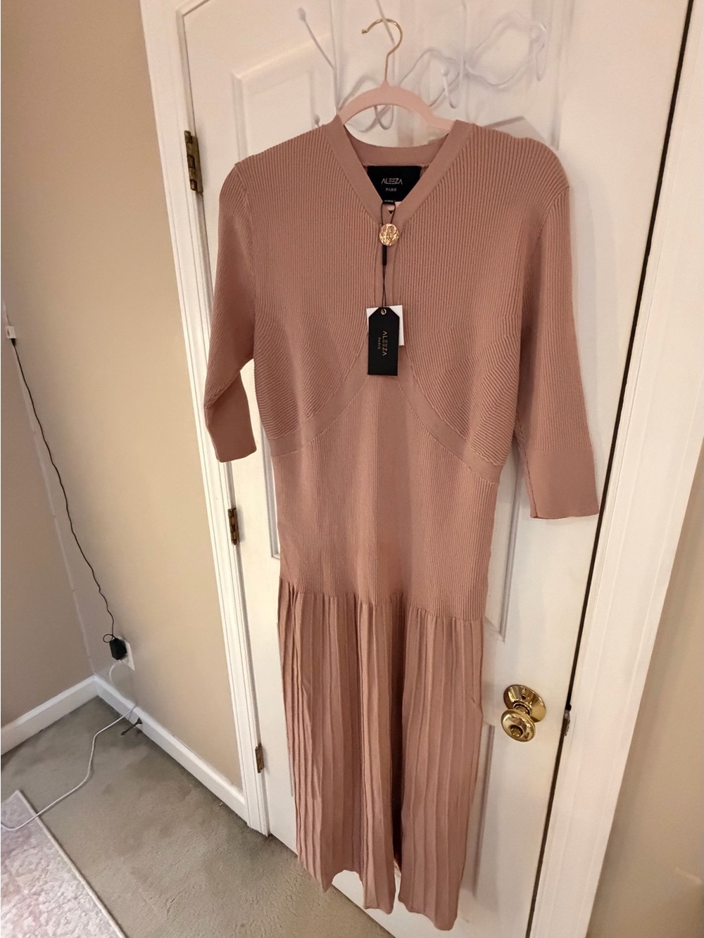 Blush Pleated Maxi Aleeza Paris Dress with V-Neck